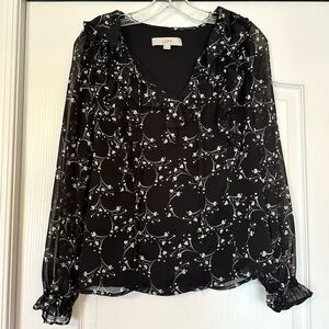 LOFT Black White Heart Ruffle Tie Neck Top Size XXS